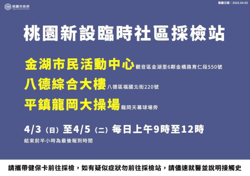 【4/3至4/5新增臨時採檢站】